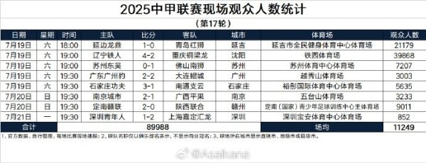 2025中甲职业联赛 现场观赛人群 人数统计(第17轮) 